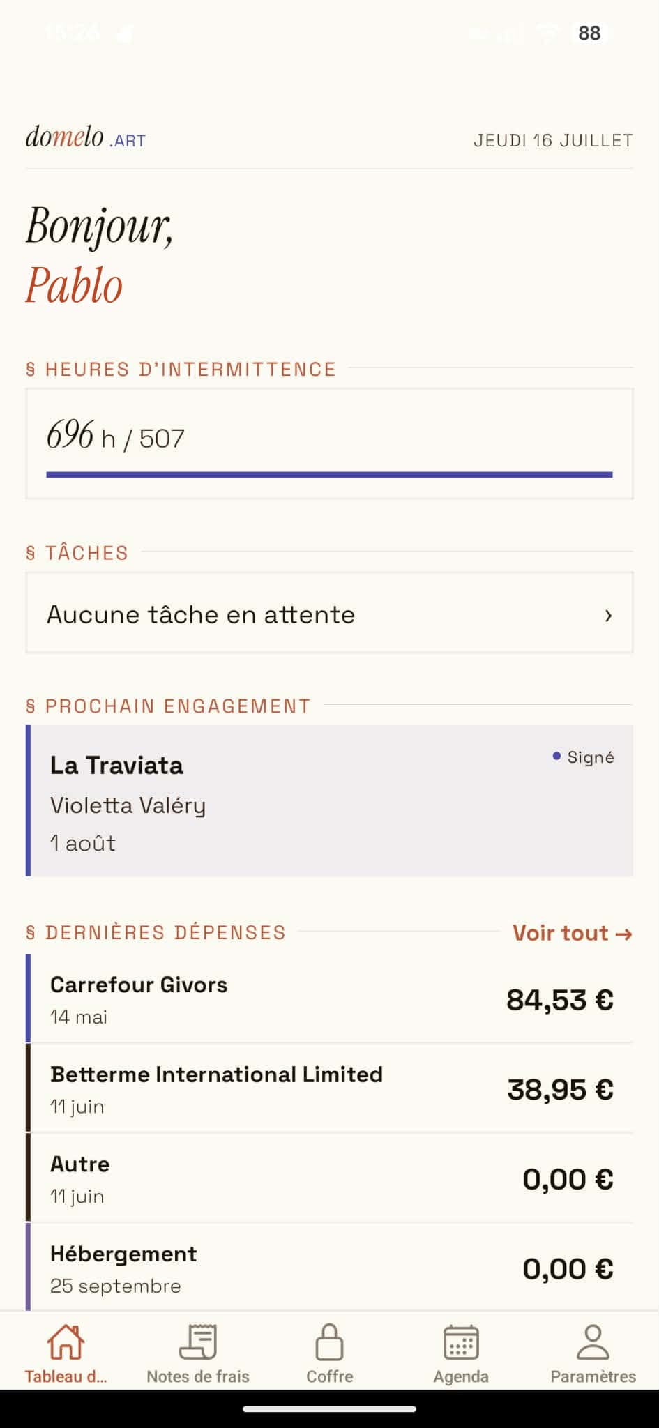 Die domelo-App auf dem Handy: der Stundenzähler, das nächste Engagement und die letzten Ausgaben
